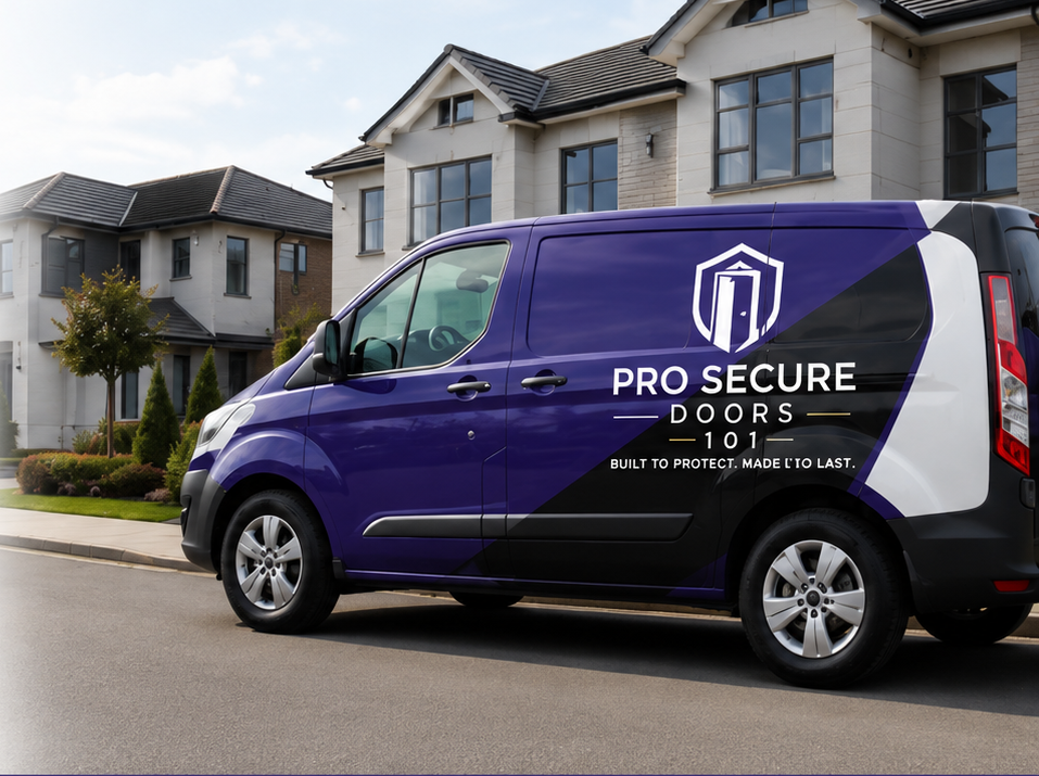 Pro Secure Doors 101 branded installation van outside a London home